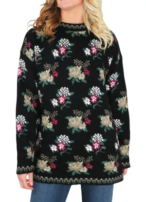 Dana Scott 1980s Vintage Sweater Black Floral Grandmacore Knit Large Retro thumbnail 1