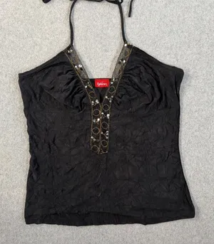 Nabiran Y2k Women's Small Black Halter Top Sequined Beaded Crinkle Tank Blouse thumbnail 1