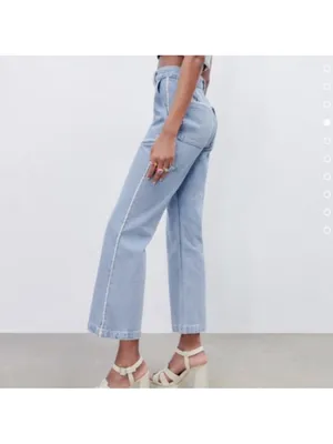 Zara‎ High Rise Tweed Trim Jewel Button Crop Wide Leg Light Wash Jeans thumbnail 3