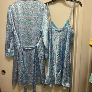 Vintage Adonna Womens Paisley Short Nightgown And & Robe Set L 42” Blue Floral thumbnail 8