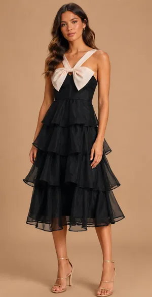 Lulus Black Tiered Organza Midi Dress Ivory Bow Sleeveless Party Cocktail XL NWT thumbnail 1