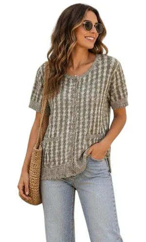 ANTHROPOLOGIE PILCRO Women’s Green Printed Front Pocket Knit Top thumbnail 1