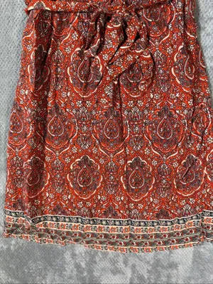 Lucky Brand Size XS Orange Paisley Wrap Dress Boho Western Long Sleeve Tie Waist thumbnail 9