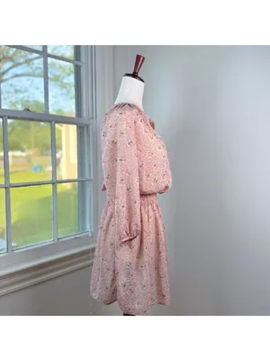 Pink Ditsy Floral Sheer Chiffon Smocked Dress XS Cottagecore Peasant Milkmaid thumbnail 9