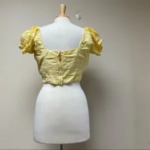 Capulet Keyla Yellow Plaid Linen Puff Sleeve Crop Top XL thumbnail 3