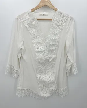 Solitaire‎ Swim Cover Up Women Sz M White Crotchet Lace 3/4 Sleeve Beach Vaca thumbnail 1