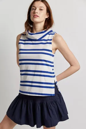 Maeve Anthropologie Blue White Sailor Striped Sleeveless Cowl Neck Button Top M thumbnail 1