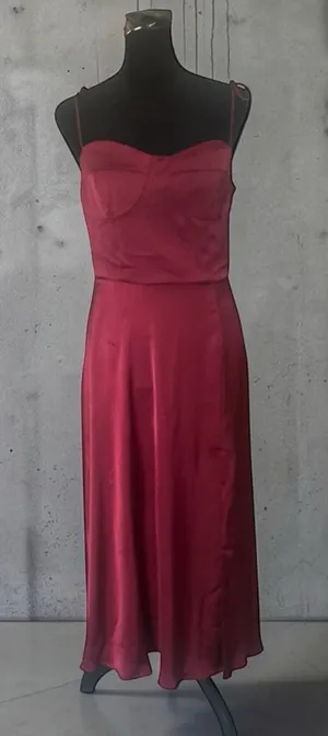 ON YOU Burgundy Satin Slip Midi Dress Square Neck Spaghetti Straps Smocked L thumbnail 1