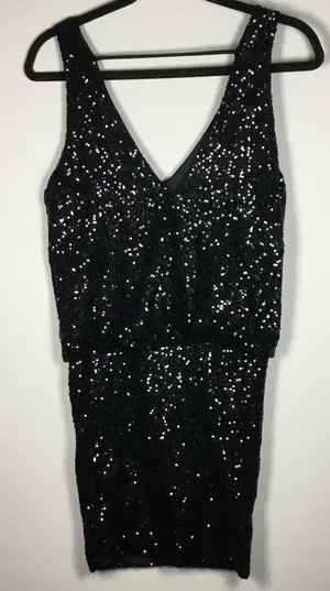 Astr Black All Over Sequin Glam Club Party‎ Concert Deep V Mini Dress S/M thumbnail 1