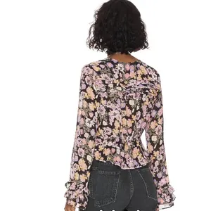 Free People Maybel Sz L Black Floral Cottagecore Fairy Blouse Top‎ Ruffles Flowy thumbnail 5