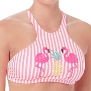 Coco Rave‎ Tropi Glow Pink Striped Flamingo Halter Bikini Top XS / S 30/32 C thumbnail 1