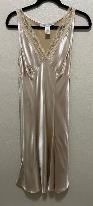 American Vintage Y2K Champagne Satin Lace & Sequin Bust Panel Dress Fairycore Coquette Nymphcore thumbnail 1