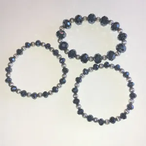 Black Metallic Faceted Bead Stretch Bracelet with Silver Tone Accent Beads thumbnail 2