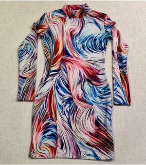 Women’s M Abstract Swirl Print Mock Neck Long Sleeve Mini Dress thumbnail 1