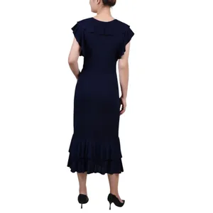 NWT Ny Collection Womens Petite Flutter Sleeve Ruffle Midi Dress Navy Blue PM thumbnail 2