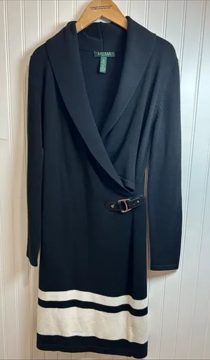 Lauren Ralph Lauren Black Dress with WHITE Hem Stripe and Side Buckle Size M. thumbnail 1
