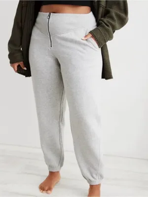 AERIE Fleece Corset Jogger Zip Front Sweatpants in Heather Gray Size L thumbnail 1