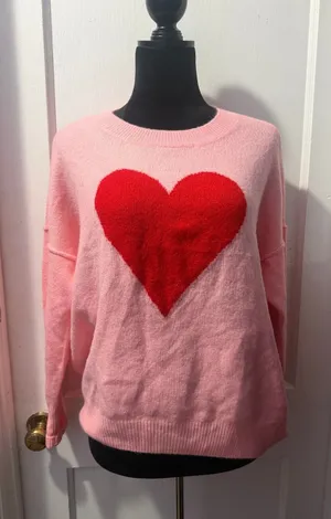 CeCe Pink Heart Knit Sweater Womens Small Red Heart Intarsia Pullover NWT thumbnail 1