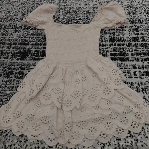Bershka Size S Cream Tiered Ruffle Dress Eyelet Smocked Puff Sleeve thumbnail 5