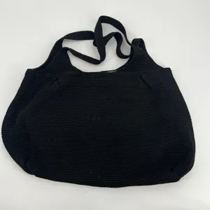 The Sak black crochet shoulder bag woven waffle knit fun interior outer zipper thumbnail 2