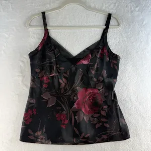 Vintage Y2K M Medium Cami Tank Top Dark Romantic Gothic Floral Shirt Black Satin thumbnail 3