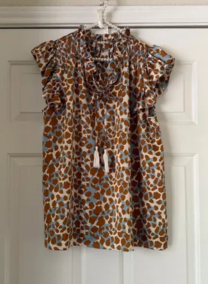 Jodifl Brown Blue Giraffe Print Silky Top thumbnail 1