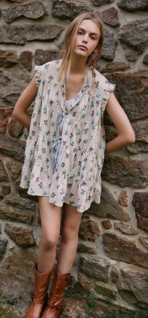 Free People Bohemian Prairie Sundown Mini Dress Tunic Top Ivory Combo Size L thumbnail 1