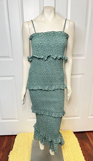 SheIn Green Floral Daisy Print Midi Smocked Bodycon Dress w/ Ruffles Size Medium thumbnail 3