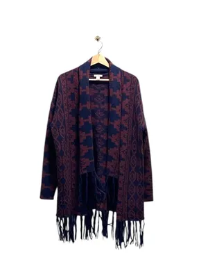 Caslon Southwestern Print Fringe Cardigan Navy Blue Size L Western Coastal Boho thumbnail 2