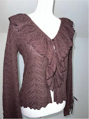 Women's LOFT Brown Ruffle Front Cardigan Sweater Size S thumbnail 3