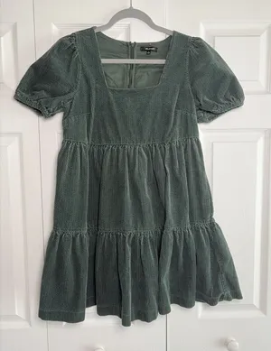 Madewell‎ Corduroy Tiered Babydoll Dress Womens Size 0 Green Puff Sleeve Cotton thumbnail 1