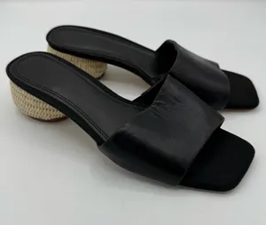 Nordstrom Winona Black Leather Raffia Block Heel Slide Sandals Women’s 6.5 NEW thumbnail 1