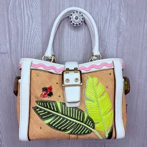 Vintage rare Coach Straw ladybug leaf tote bag purse rhinestone handbag summer thumbnail 14