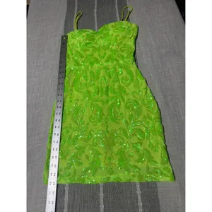 Winsor Neon Lime Green Sequin Damask Mini Dress Small Bodycon Cocktail hoco thumbnail 2