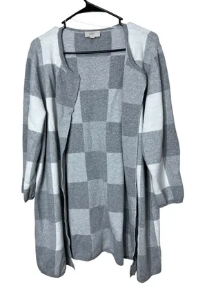 LOFT Outlet XL Gray‎ & White Checkered Long Sleeve Open Front Cardigan thumbnail 1