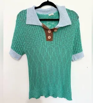 Pol Ribbed Knit Polo Shirt Button Collar Top Sabrina metallic knit top large thumbnail 1