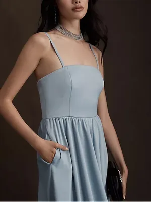 Anthropologie BHLDN Elsie Straight Neck Satin A-Line Gown Maxi Dress Dusty Blue thumbnail 3