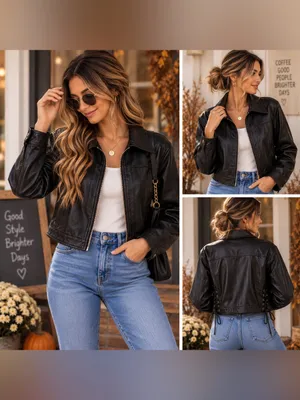 Women's Black/Brown Faux Leather Cropped Jacket with Lace-Up Sided thumbnail 2