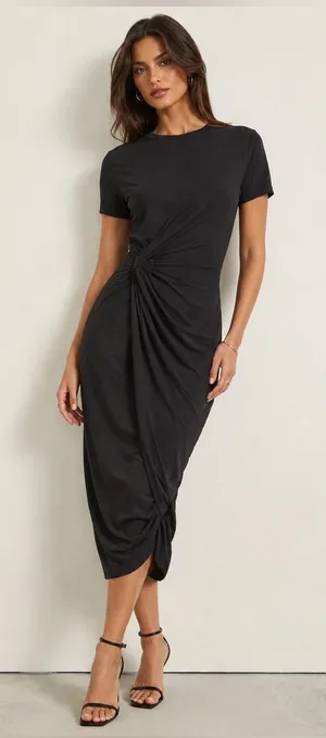 ZARA Black Draped Side Knot Midi Dress Size L thumbnail 1