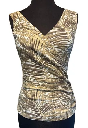 Cache Faux Wrap Textured Gold Metallic Bamboo Print Stretch Ruched Side Top Sz S thumbnail 1