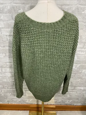 American Eagle Outfitters Olive Green V-Neck Waffle Knit Sweater thumbnail 3