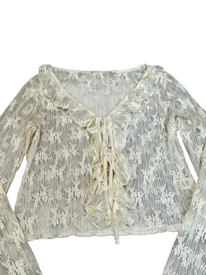 Cream Lace Ruffle Tie Front Cardigan Blouse Flare Sleeve Boho Cottage Feminine thumbnail 3