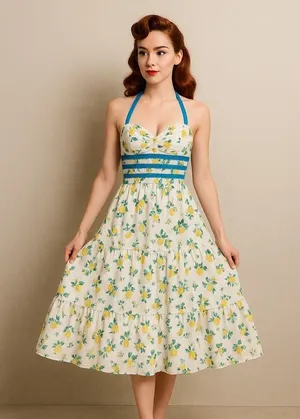 Lemon Floral Halter Dress with Blue Accents 34 bust size small women's midi thumbnail 1