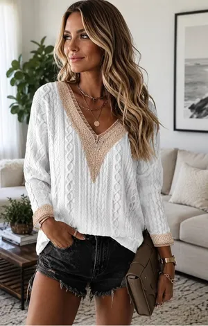 V-Neck White Cable Knit Sweater with Beige Contrast Trim thumbnail 1
