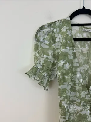 Here Comes the Sun Green Floral Wrap Dress Puff Sleeve Size Small thumbnail 3