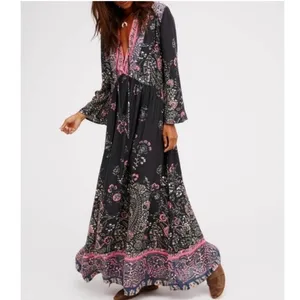 Free People Maxi Dress Size Large Black and Pink Long Sleeve Boho thumbnail 2