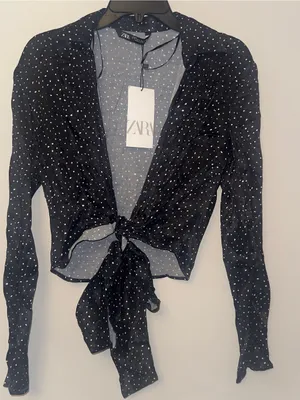 ZARA Polka Dot Tie Front Satin Blouse Women's Size S NWT Black White thumbnail 3