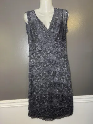 Blu Sage Dress Womens 10 Gray Lace Beaded V Neck Sheath Knee Length Party Formal thumbnail 2
