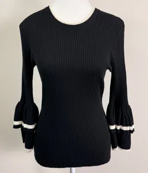 FRAME Black Wool Blend Rib Tiered Ruffle Bell Sleeve Striped Trim Sweater Small thumbnail 1