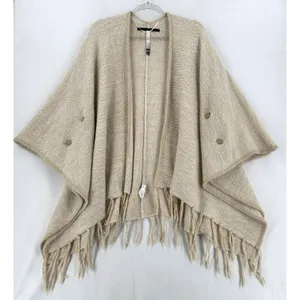 Kensie One Size Cream Knit Poncho Cardigan Fringe Cape Boho Coastal Grandmother thumbnail 1